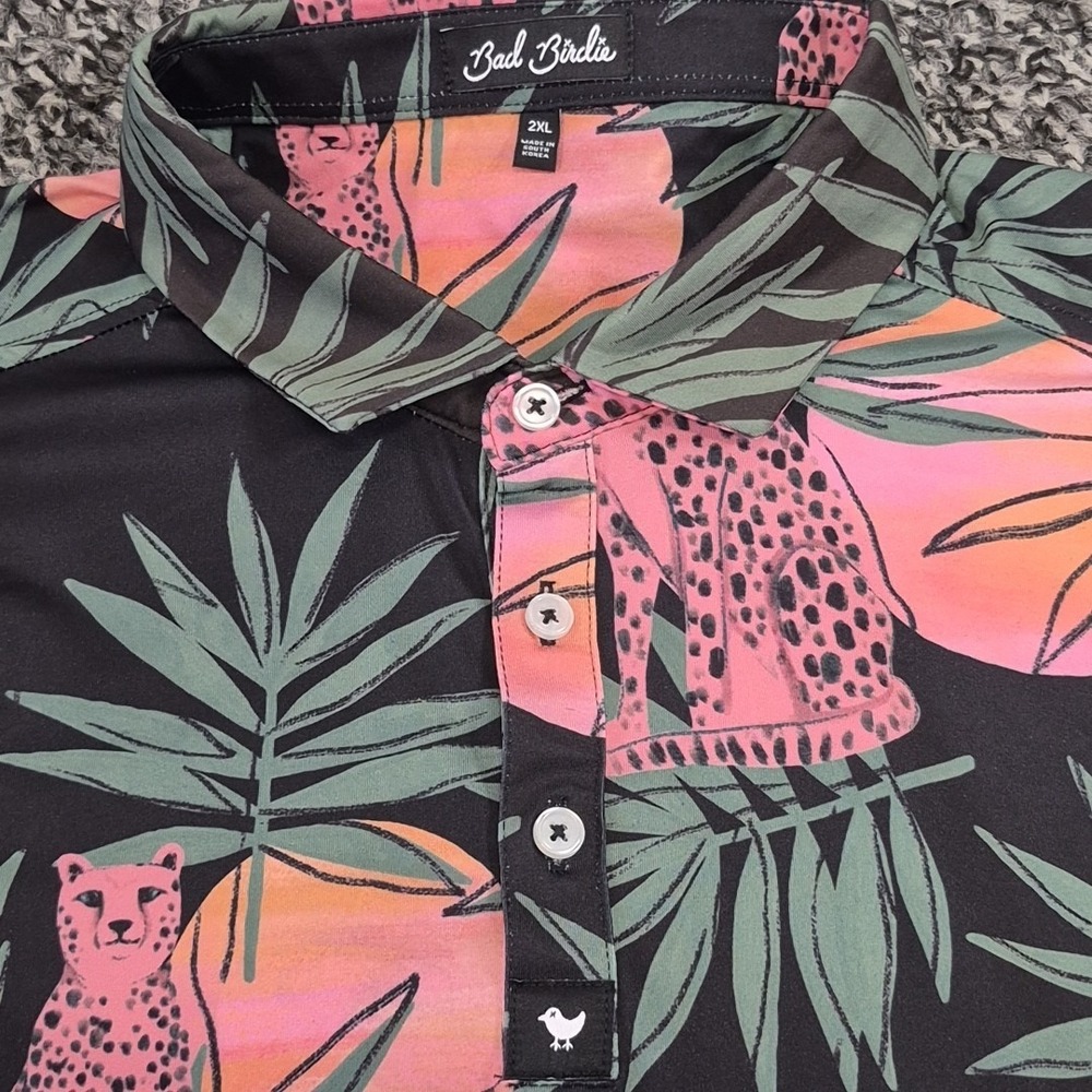 Bad Birdie Polo Shirt Mens 2XL XXL Cheetah Palm Tree Golf Stretch - Picture 4 of 8
